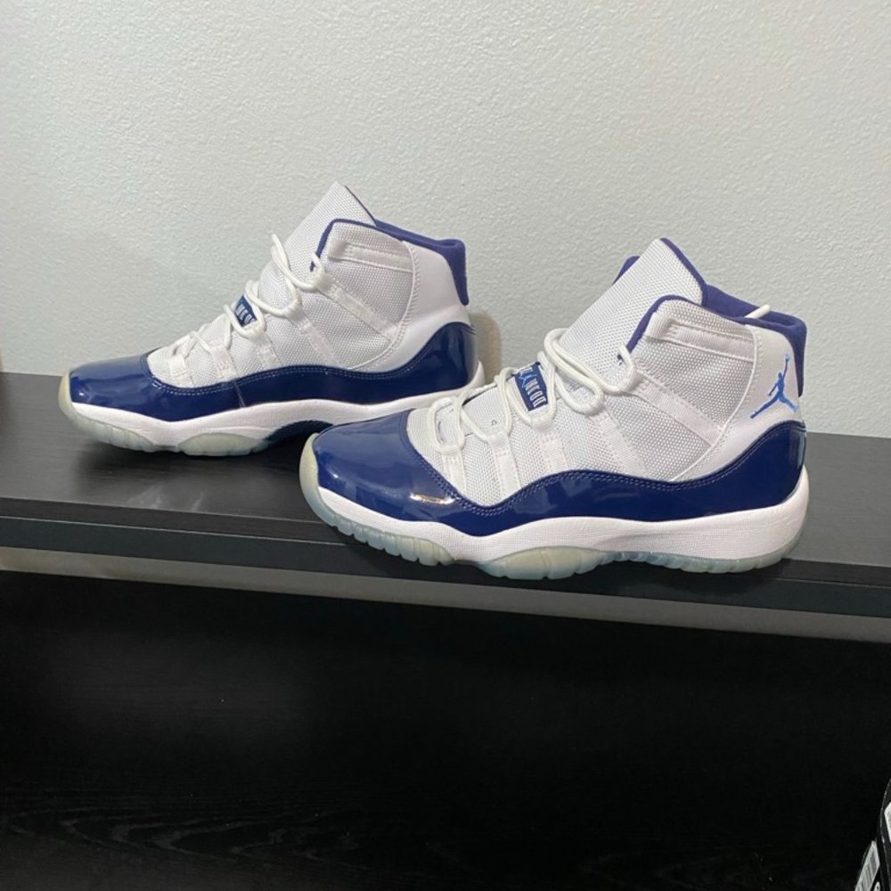 Air Jordan 11 Retro BG. White and University Blue. Size 6Y (Womens Size 8).